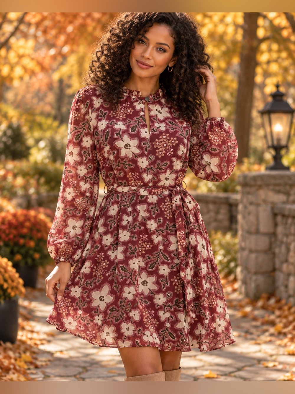 Ann Taylor Factory Floral Belted Dress Burgundy Cream Size L